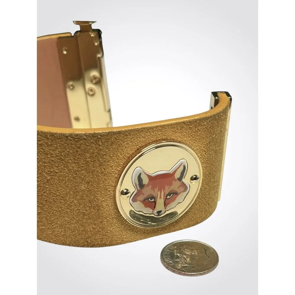 Tory Burch Cuff Bracelet Fox Coin Yellow Suede Leather Gold Tone Hardware Wide